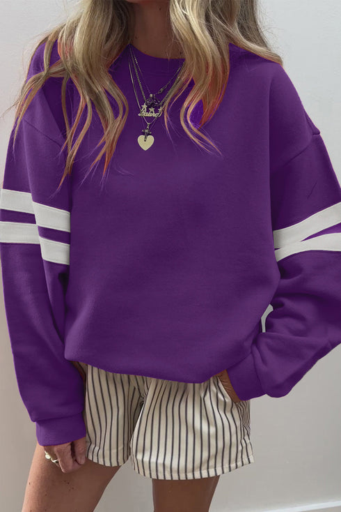 Varsity Sleeve Stripes Drop Shoulder Crewneck Oversized Sweatshirt